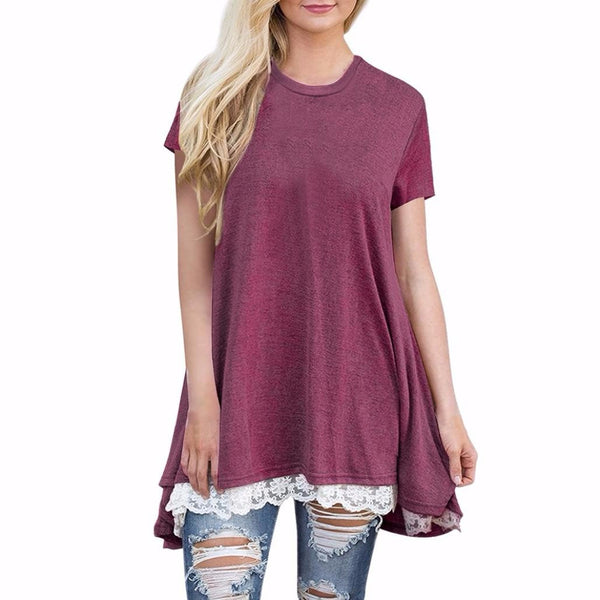 Womens Ladies Casual Lace Short Sleeve Shirt Pullover Tops Blouse