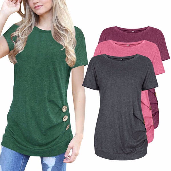 Women Short Sleeve Loose Button Trim Blouse Solid color Round Neck Tunic T-Shirt