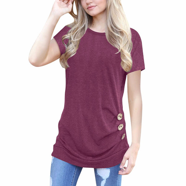 Women Short Sleeve Loose Button Trim Blouse Solid color Round Neck Tunic T-Shirt