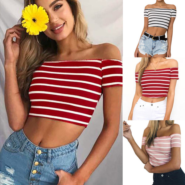 Women Ladies Off Shoulder Short Sleeve Striped Blouse Tops Clothes T Shirt