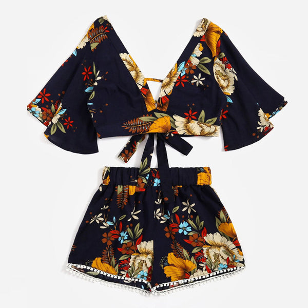 Casual Two Piece Set Women Botanical Print Summer V Collar Top Shorts Beachwear